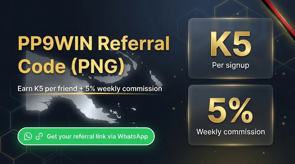 PP9WIN referral rewards K5 per friend and 5 percent weekly commission